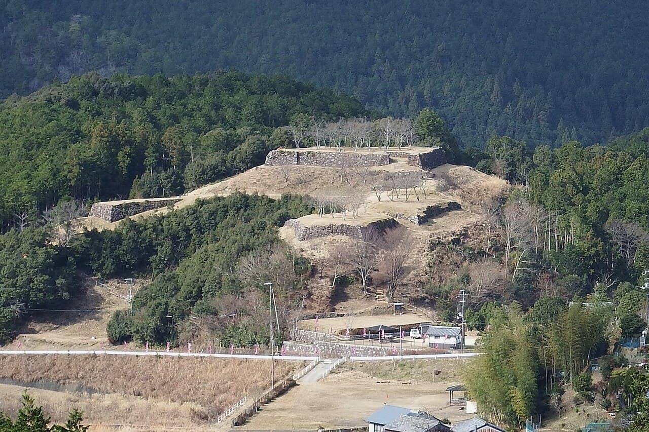 山あいに石垣が残る赤木城跡を遠くから見たところ