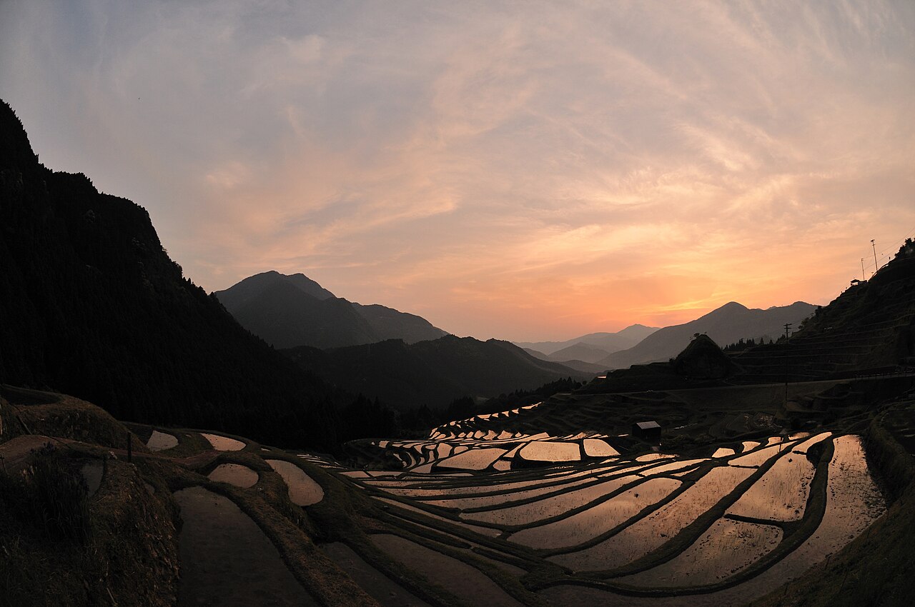 夕方の空をうつす丸山千枚田